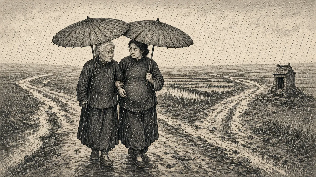 大雨中，两个女人打着油纸伞站在路口