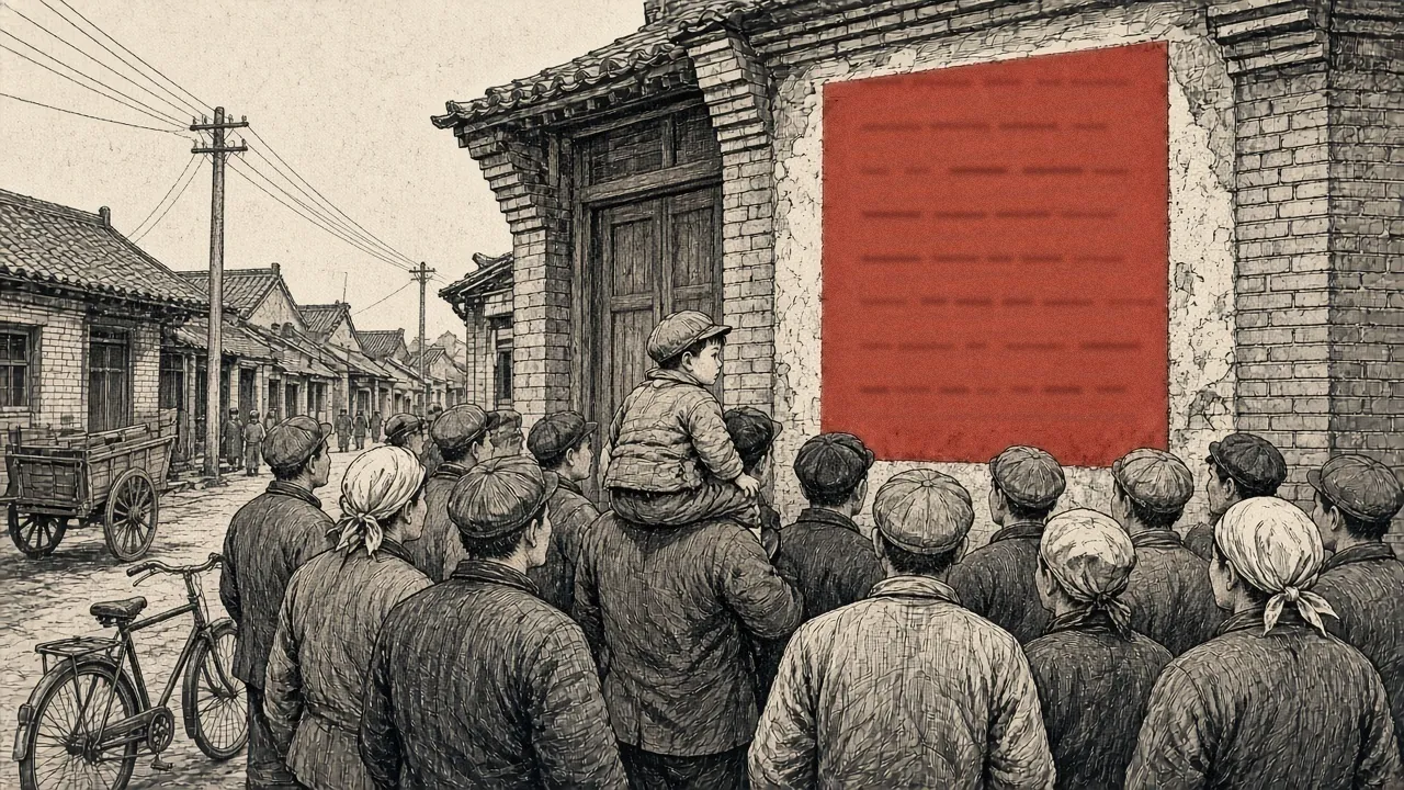 镇上街头，人群围看墙上的大红纸