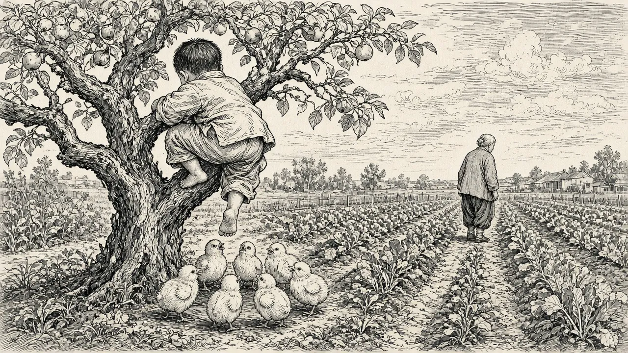 孩子骑在果树杈上，树下一群小鸡围着转