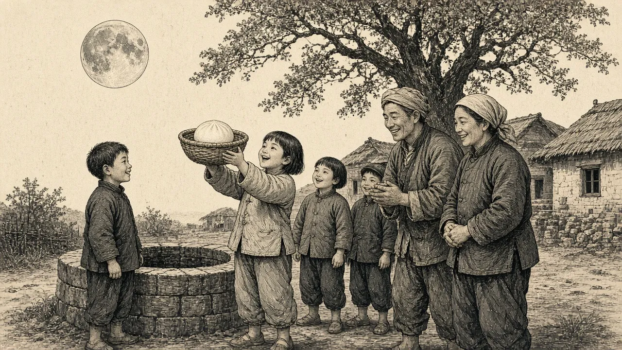 中秋月下，孩子们捧着小笸箩聚在井台边