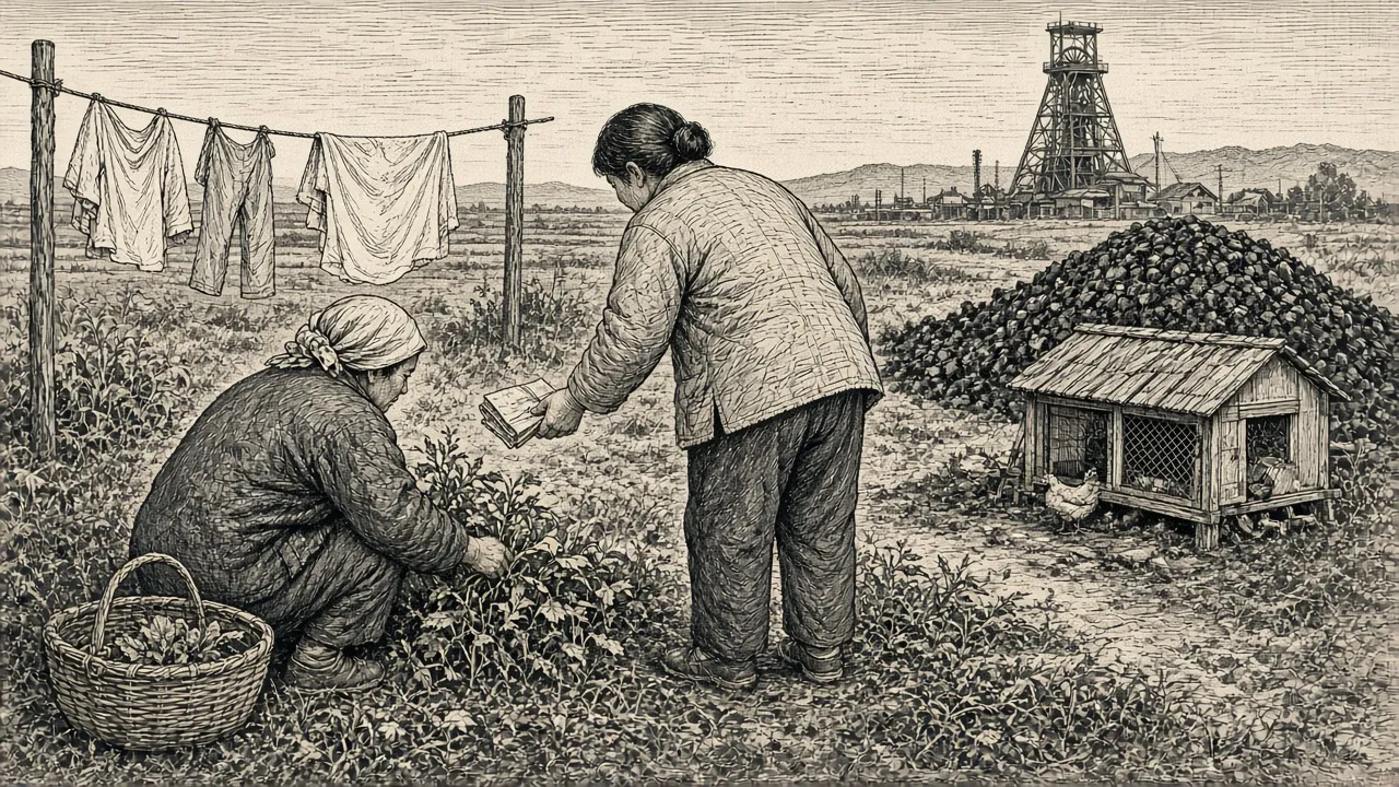 办公楼后，一个女人把粮票递给蹲着挖野菜的大嫂