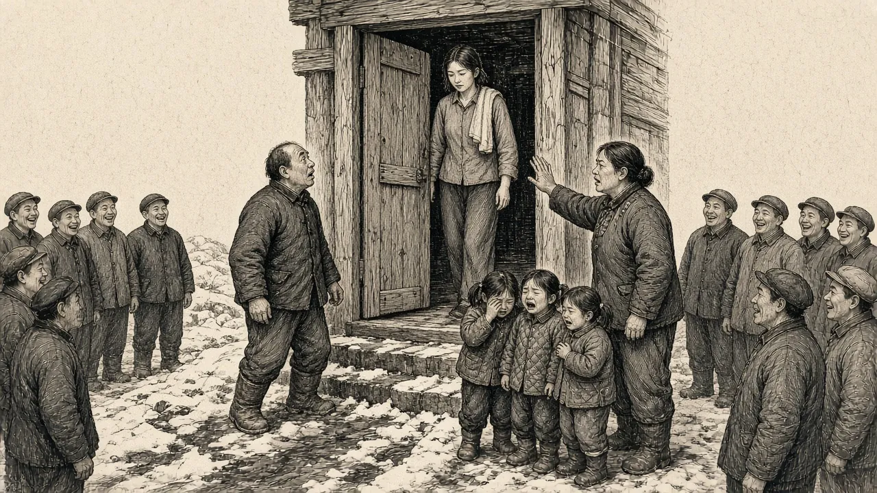 澡堂门口，女教师站在门槛上，白老歪夫妇堵门，三个孩子在哭，众人围看