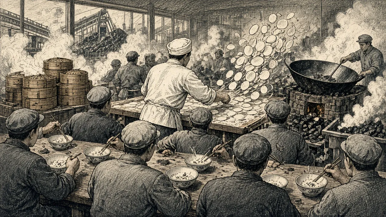 食堂里厨师擀皮,饺子皮飞起,检查团围桌而坐