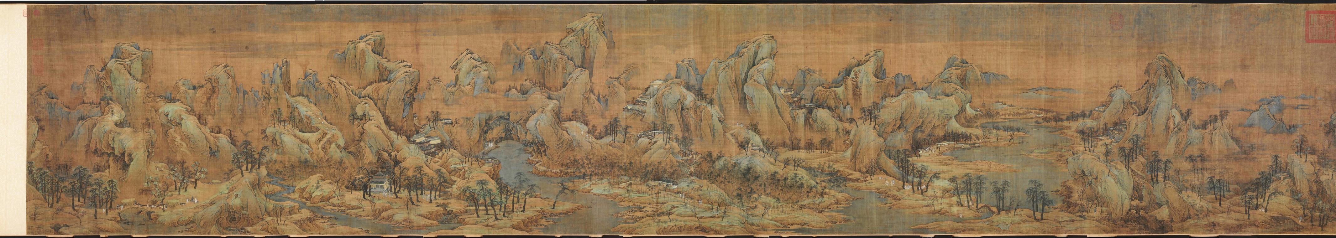 （傳）趙伯駒《江山秋色圖》（畫心全段）　南宋　絹本青綠設色　55.6 × 323